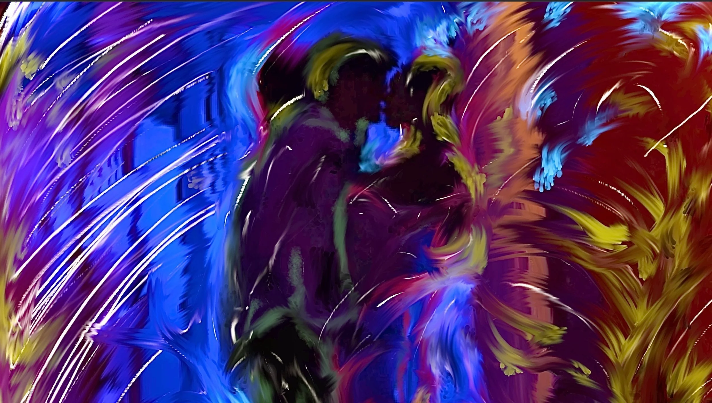 Abstract colorful image with swirling blue, purple, red, yellow, and black streaks, resembling a vivid, energetic painting.