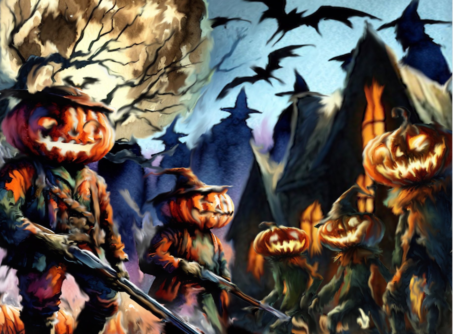 A Halloween scene with soldiers having pumpkin heads and bats flying in the dark, eerie sky.