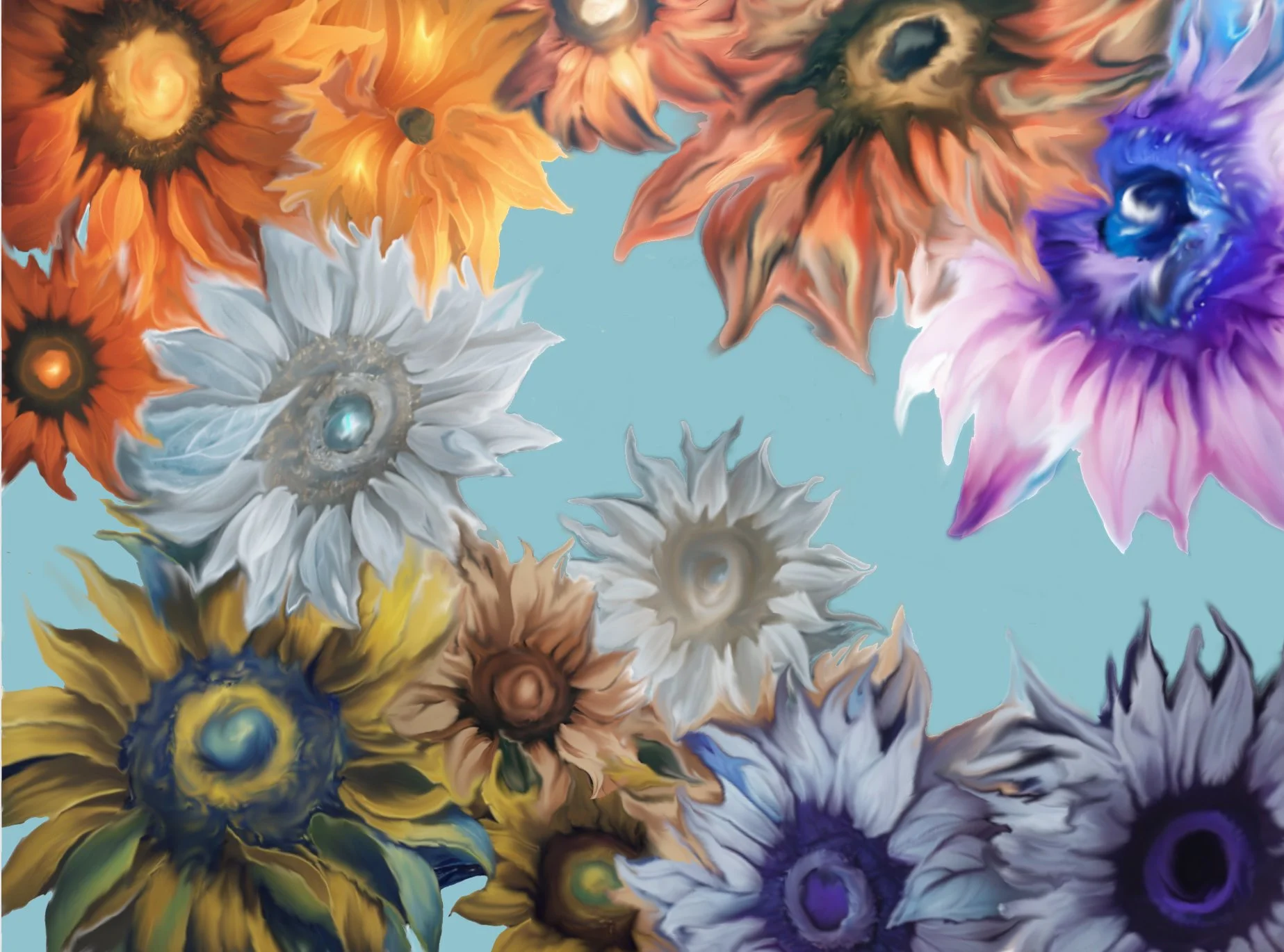 Colorful digital painting of various flowers with swirling effects, set against a light blue background.