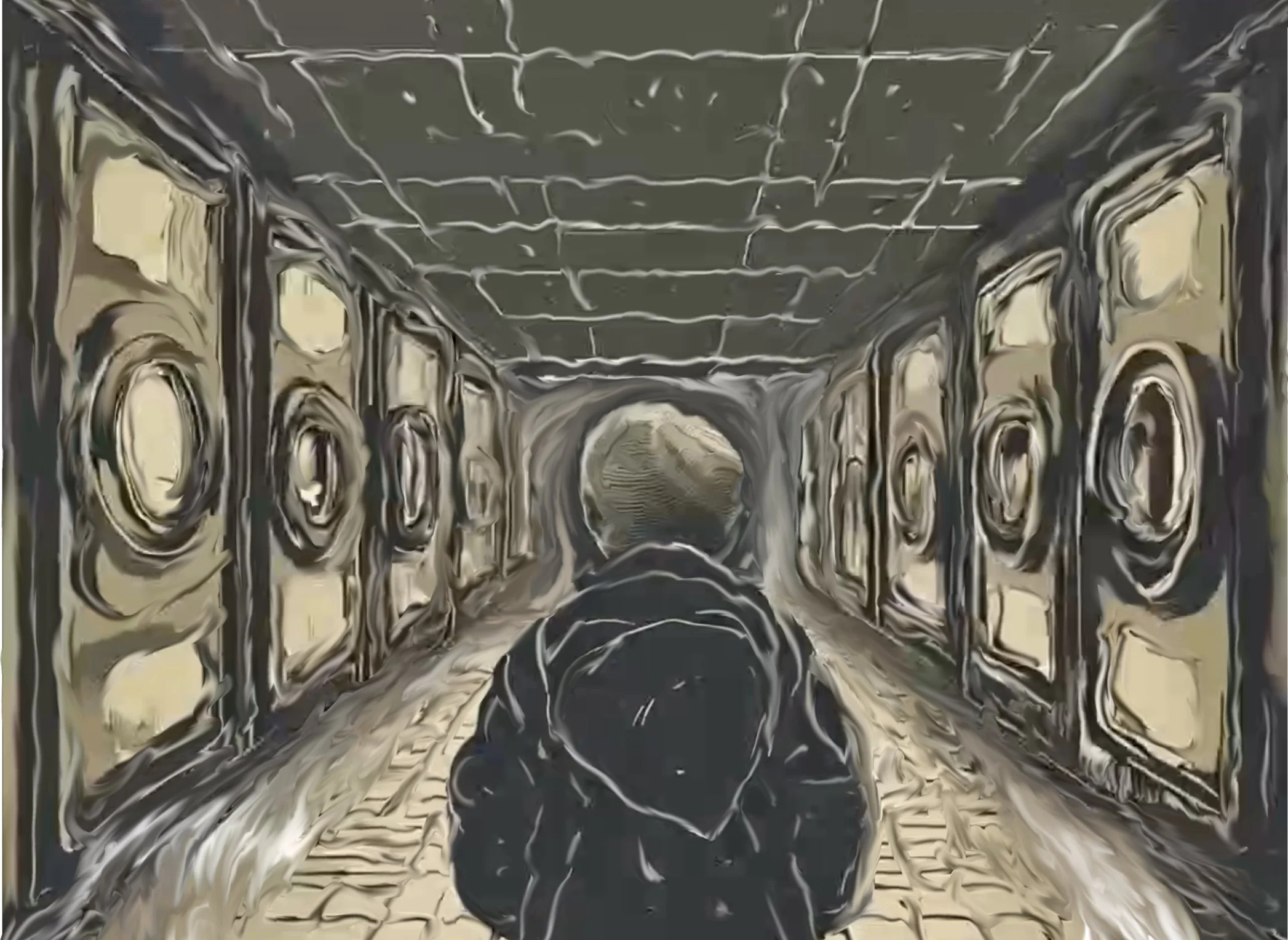 Person sitting in a laundromat surrounded by washing machines, styled as a digital painting.