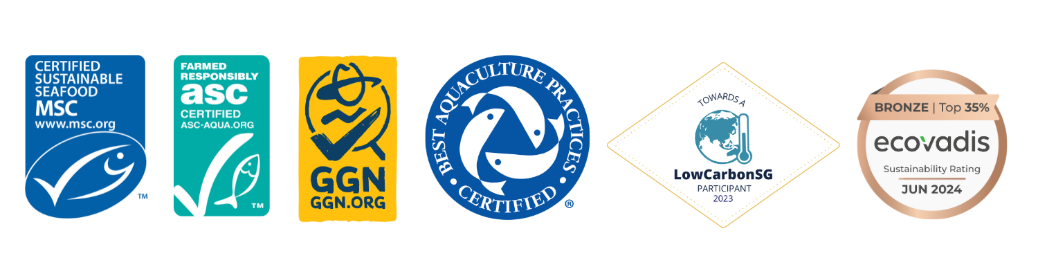 Sustainability logos including MSC, ASC, GGN, Best Aquaculture Practices, LowCarbonSG, Ecovadis