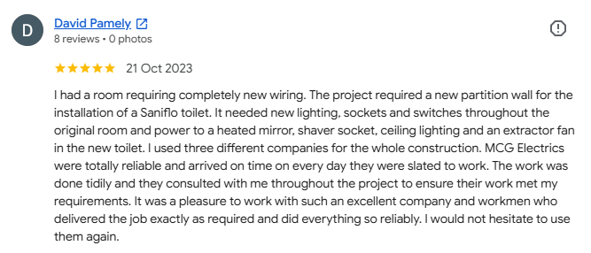 Google review by David Pamey about bathroom wiring and project completion.