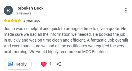 Screenshot of a Google review by Rebekah Beck giving 5 stars, praising Justin for his helpfulness, quick service, and efficient job with certificates for MCG Electrics.