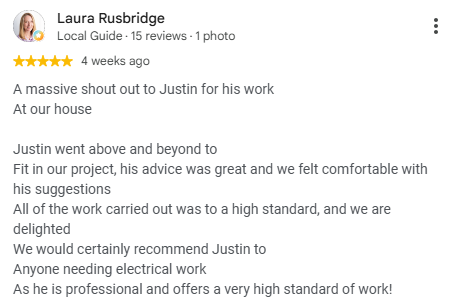 Screenshot of a Yelp review praising Justin for electrical work at a house, highlighting his professionalism and high standards.