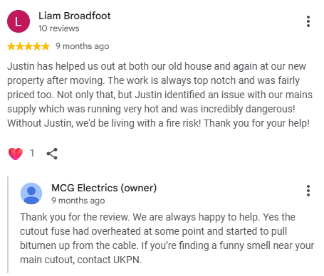 Screenshot of a Google review conversation about electrical work, showing a five-star review from Liam Broadfoot praising Justin for help with property electrical issues, and a reply from MCG Electrics explaining the fuse problem.