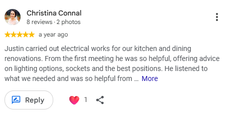 Screenshot of a Google review by Christina Connal for a contractor named Justin, praising his helpful electrical work for kitchen and dining renovations, including advice on lighting and sockets.