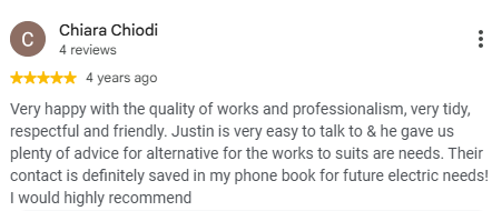 Screenshot of a 5-star review from Chiara Chiodi praising Justin for his professionalism, craftsmanship, and helpful advice.