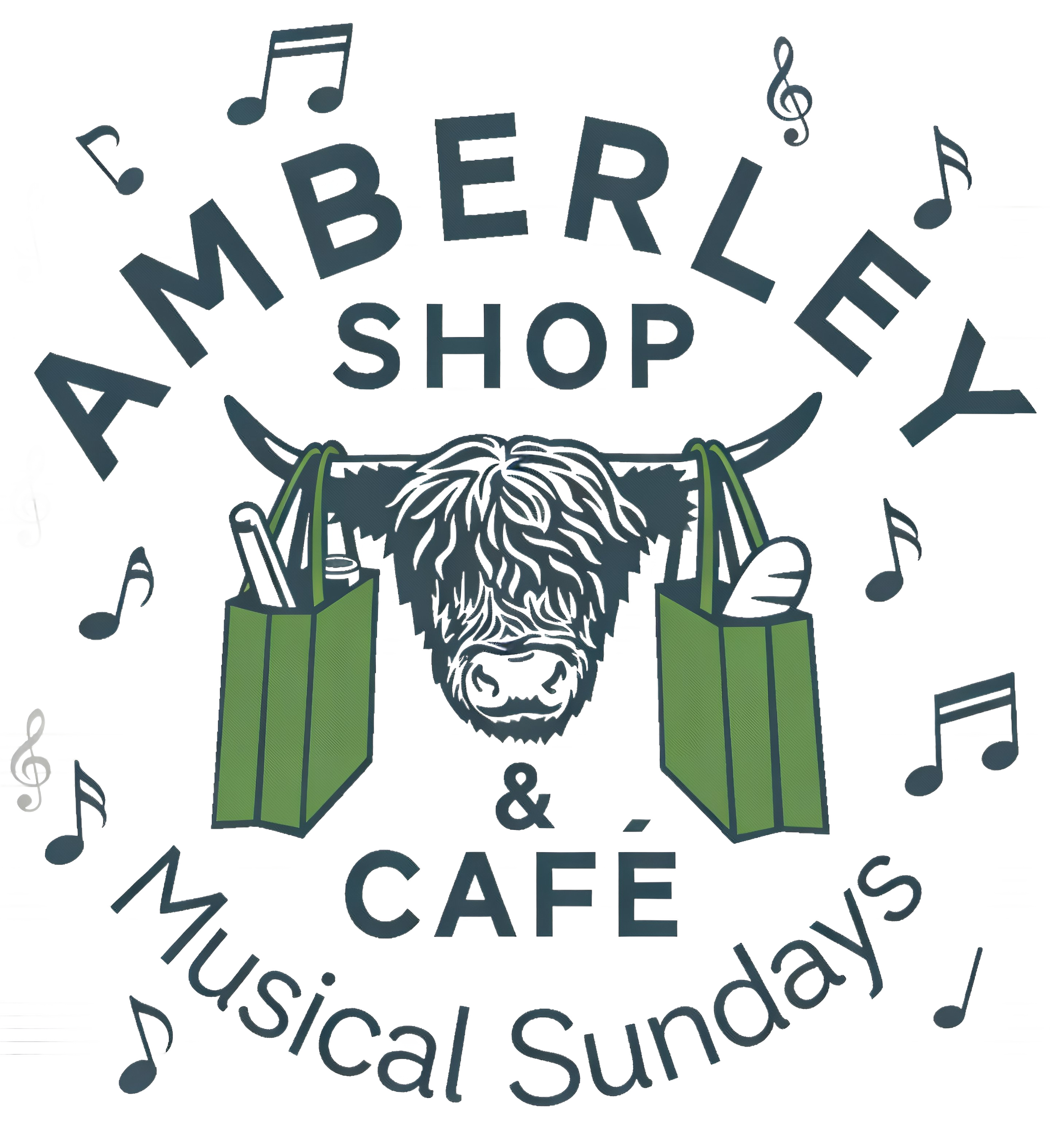 Sign for a general store, with a central bearded face illustration, surrounded by shopping bags and musical notes. Text reads: "FAMBEL'S SHOP & CAFE," and "Musical Sundays."