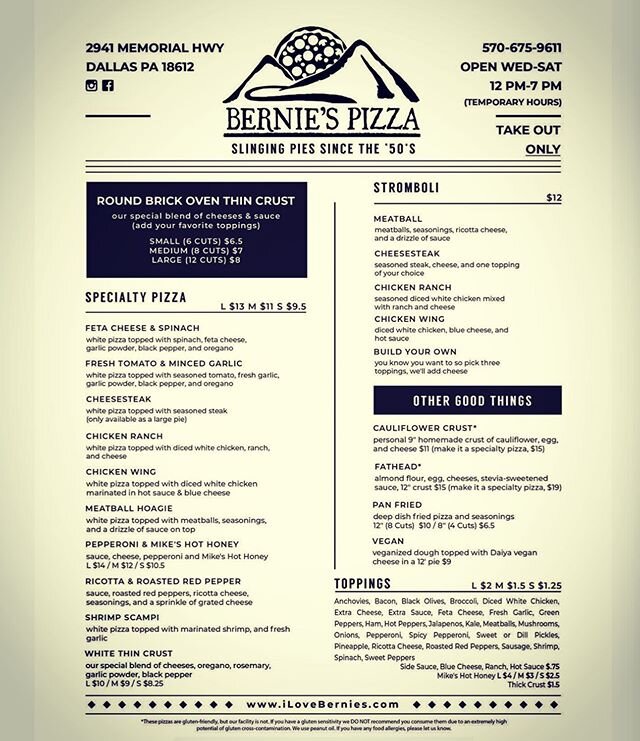 Check out our updated menu! We are open, our hours are Wed-Sat: 12-7pm. 🍕