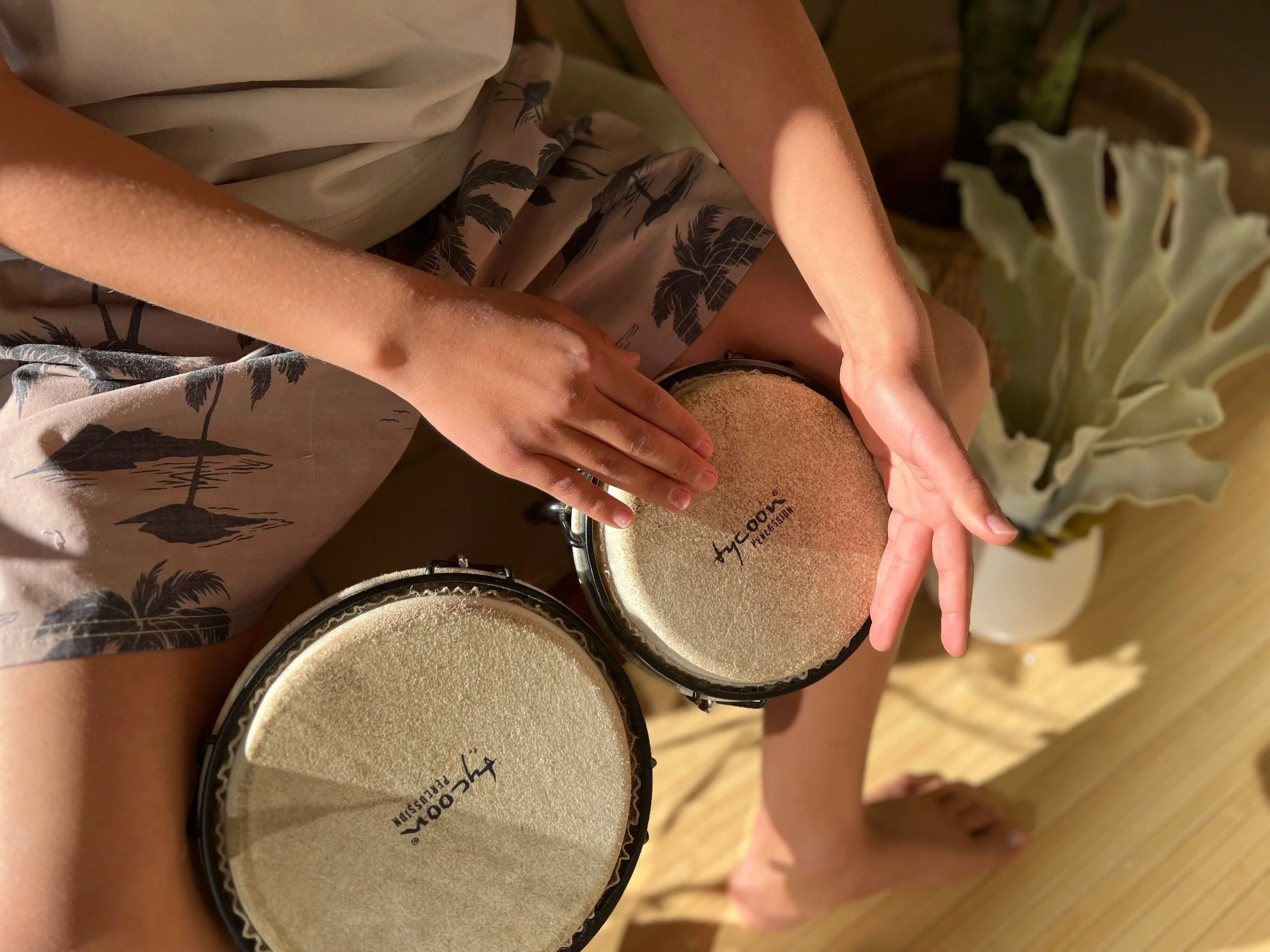 Taiyo Marchand, playing bongos, wearing a white t-shirt and camouflage shorts, near a window with sunlight, with potted plants in the background.