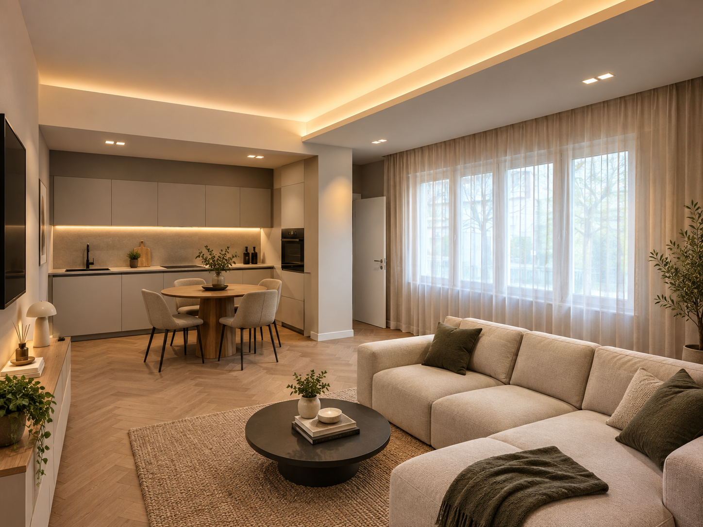 Interno moderno di un soggiorno e cucina con illuminazione soffusa, divano beige, tavolo rotondo con sedie, tende leggere, decorazioni minimaliste e piante verdi.