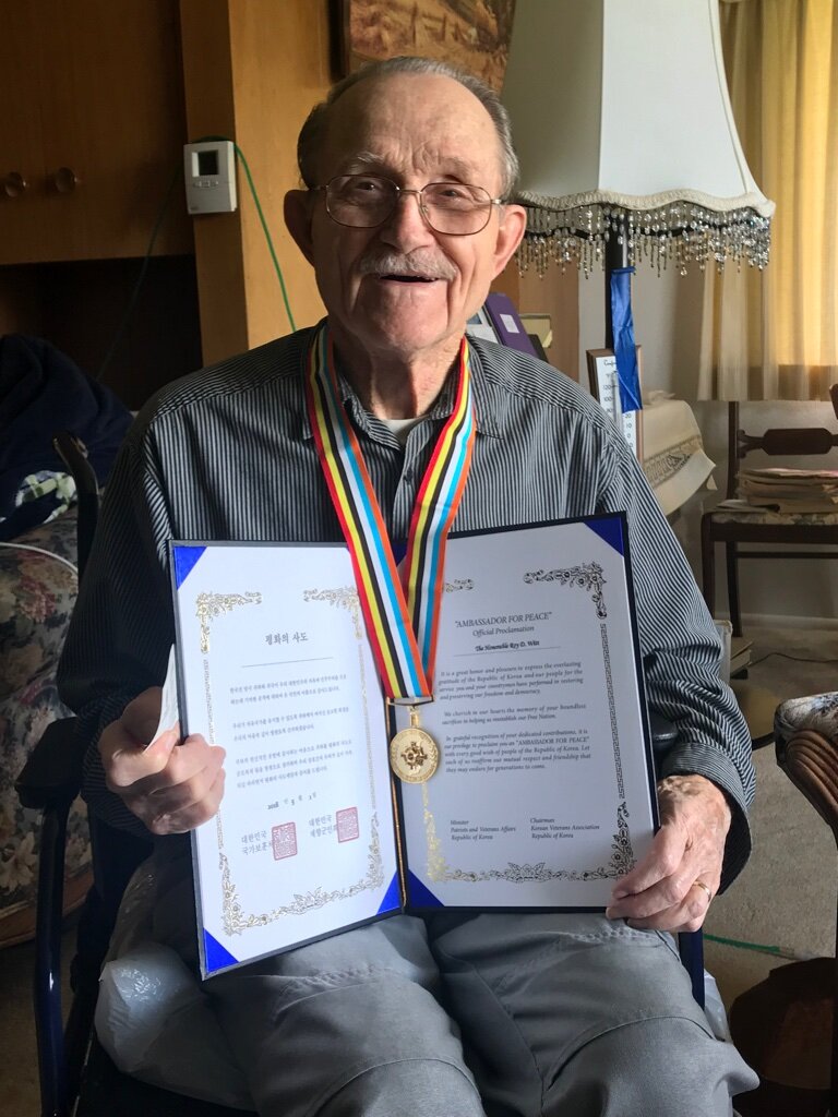  Korean War veteran Roy Witt proudly shows his Korean Ambassador for Peace Medal at his home in Washington State. He was a member of the KWVA/Oregon Trail Chapter. 