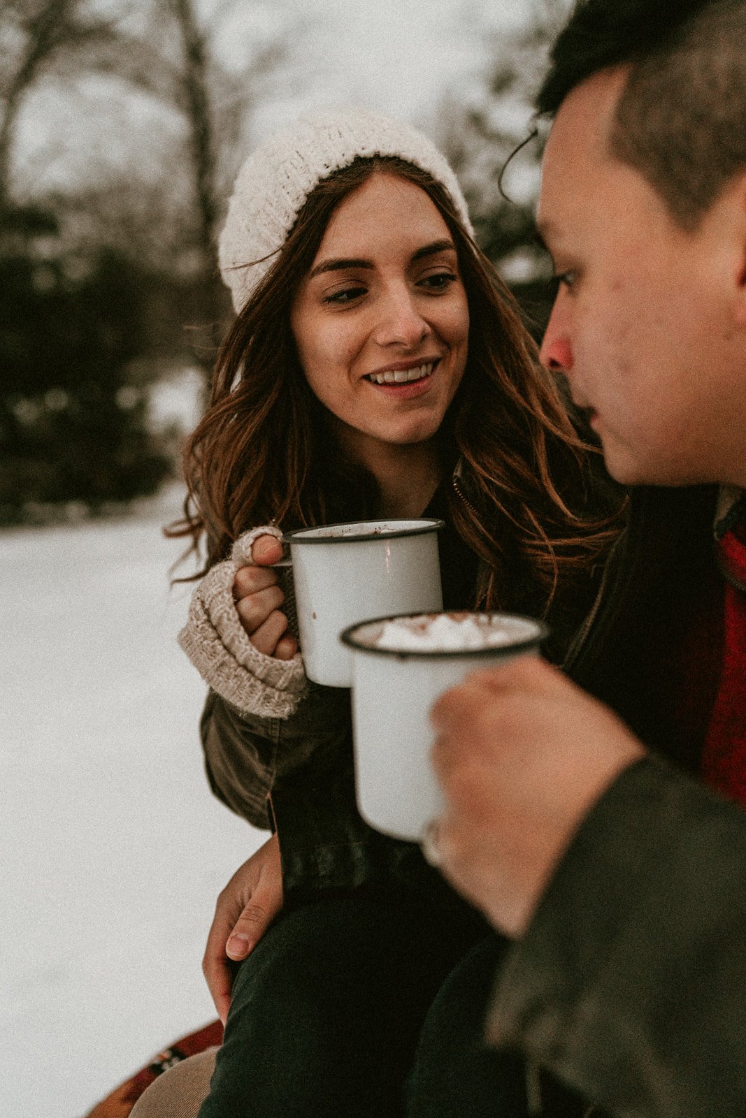 Winter snow engagement session | Hot cocoa and bonfire couples session ...