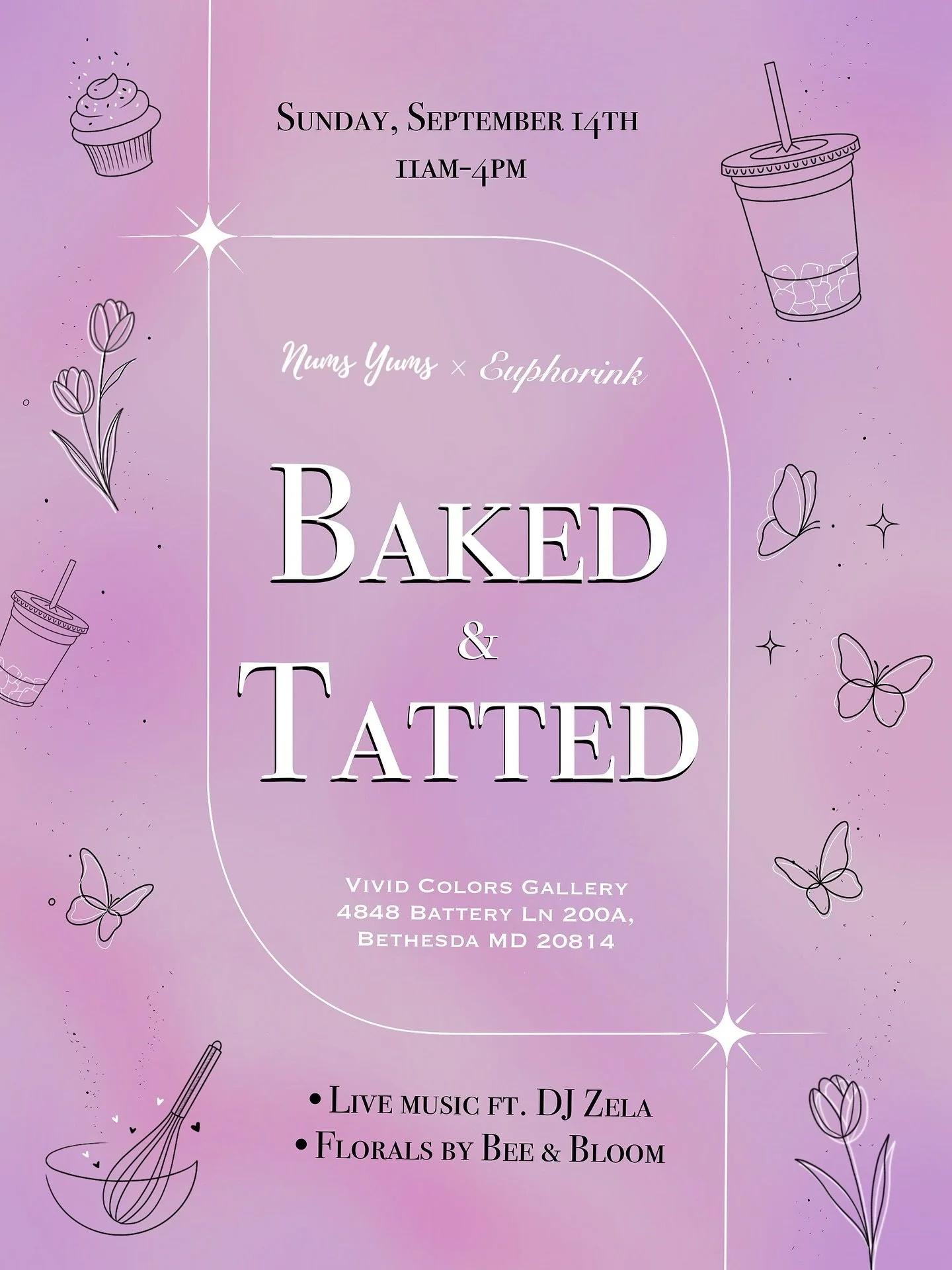 Nums Yums &amp; Euphorink Tattoos present&hellip;

BAKED &amp; TATTED! 🥰🌸

Come vibe, dance and spend part of your Sunday afternoon with us on September 14th from 11am-4pm at Vivid Colors Gallery in downtown Bethesda. 

This is an open house event 