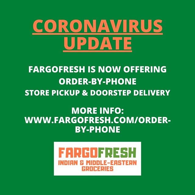 *CORONAVIRUS UPDATE*⠀
⠀
Dear customers, in a continued effort to do our part in fighting the spread of coronavirus, FargoFresh will be offering order-by-phone store pickup and home doorstep delivery within the Fargo-Moorhead/Grand Forks area. ⠀
⠀
The