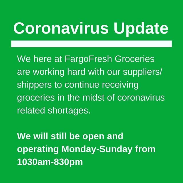 Corona Update:

Dear customers, we are working hard with our suppliers/shippers to continue receiving groceries in the midst of coronavirus related shortages.

If you have questions, call us anytime.

#fargo #fargomoorhead #corona #covid_19 #grocerys