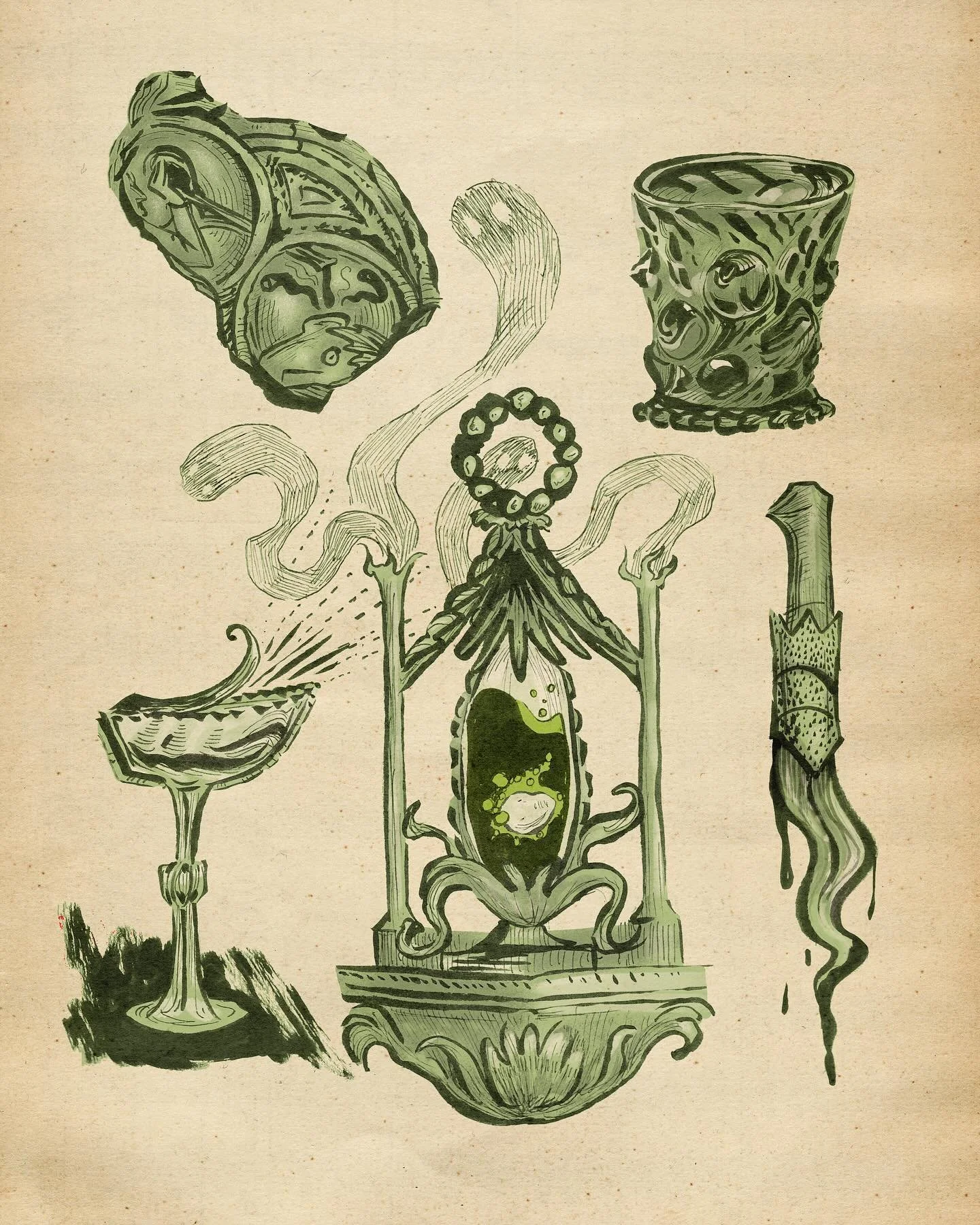 Some hamlet inspired props, mostly referenced from the medieval collection at the Met. I&rsquo;ve been spending a lot of time digging through their digital archives. Lines are ink, everything else is digital
.
#art #illustration #ink #hamlet #shakesp