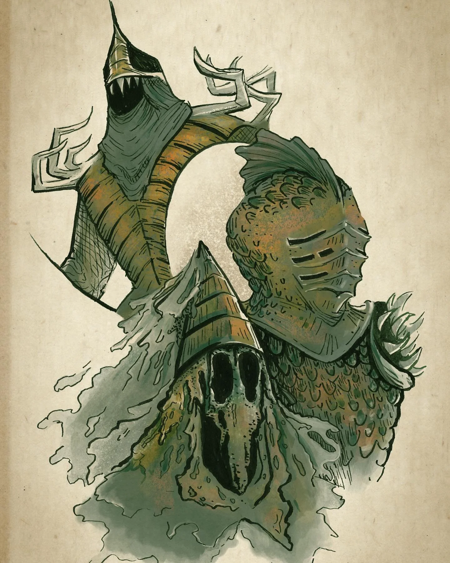 Some swampy buggy fishy knights
Drawn in pen, colored digitally
.
#art #illustration #ink #inkdrawing #digitalart #medieval #armor #knight #fantasyart