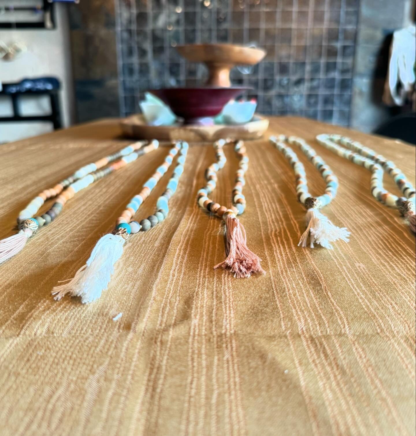 These are the gorgeous malas made by the first group to complete Prana&rsquo;s mala project this year! For those who are close to 108 beads, the next workshop will be on July 6th from 2-4! We will have at least one more before the year&rsquo;s end an