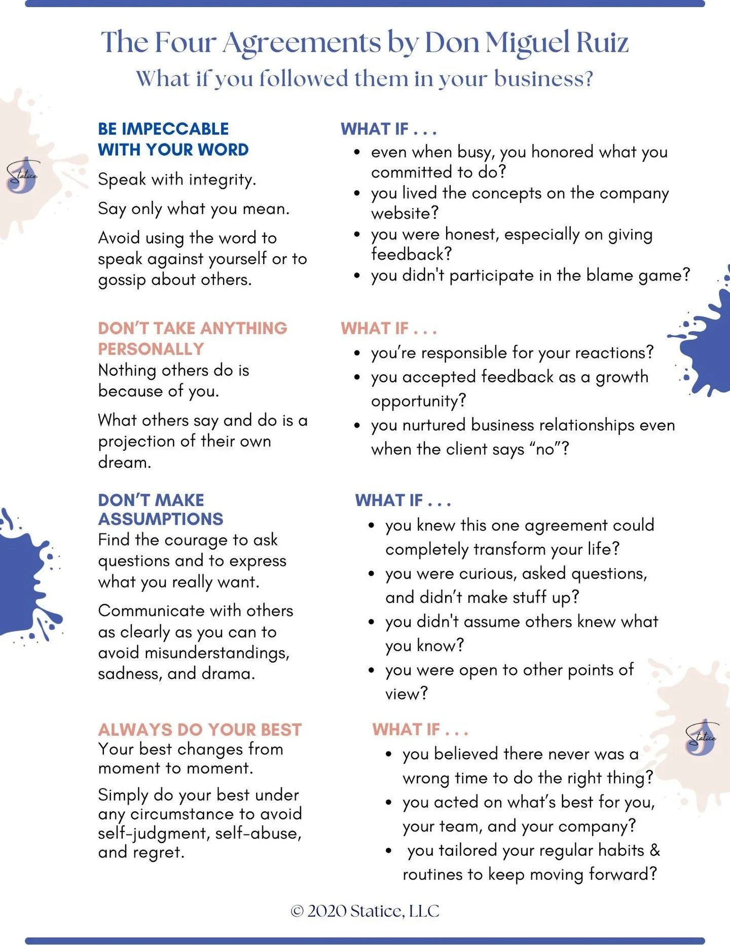 ✨ What if your team lived by “The Four Agreements” ?
At Statice, we help leaders bring these timeless principles into the workplace:
Be impeccable with your word.
Don’t take things personally.
Don’t make assumptions.
Always d