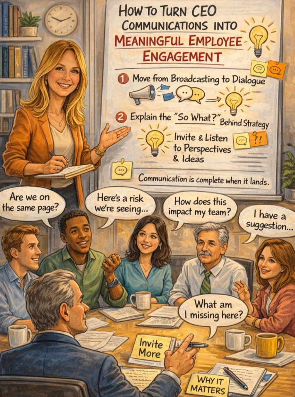 No fooling . . . Real engagement happens when you
&rarr; explain the why, 
&rarr; clarify what decisions mean for teams and individual roles, and 
&rarr; invite perspectives, concerns, and ideas. 

A two-way communication exchange builds trust and ge