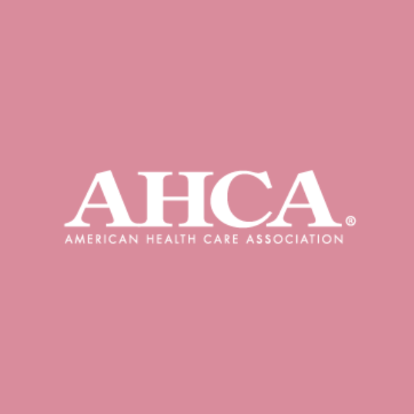 Pink background with the white logo of the American Health Care Association (AHCA) and text 'American Health Care Association' underneath.