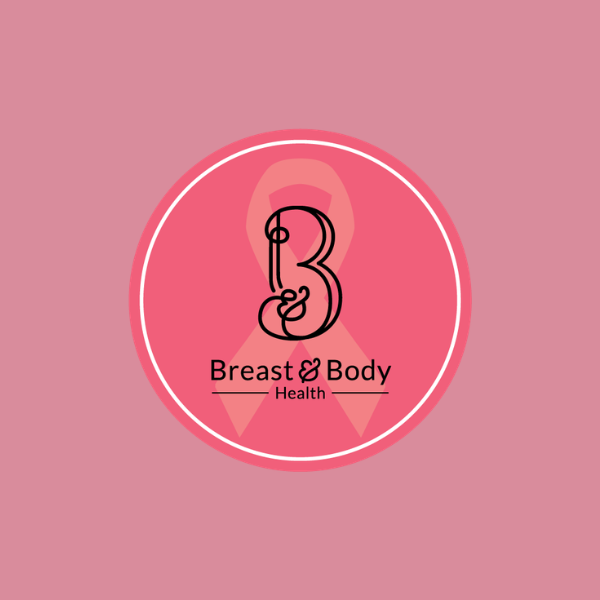 A logo for Breast & Body Health featuring a pink ribbon with a stylized letter B and a hand symbol, set against a pink circular background