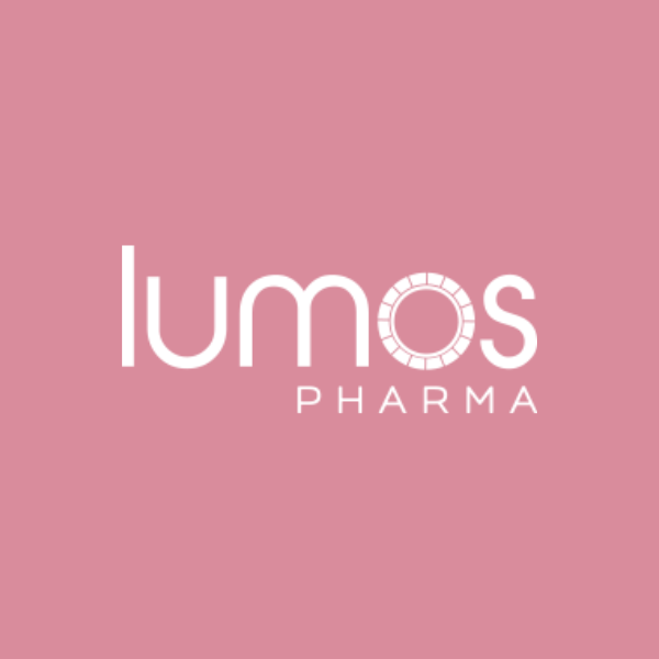 Lumos Pharma logo on a pink background.