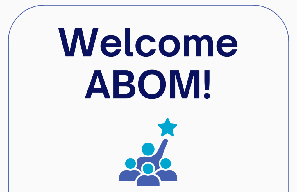Welcome ABOM! text with a graphic of people and a star, and a message about partnering with a leadership team for a high-impact leadership retreat.