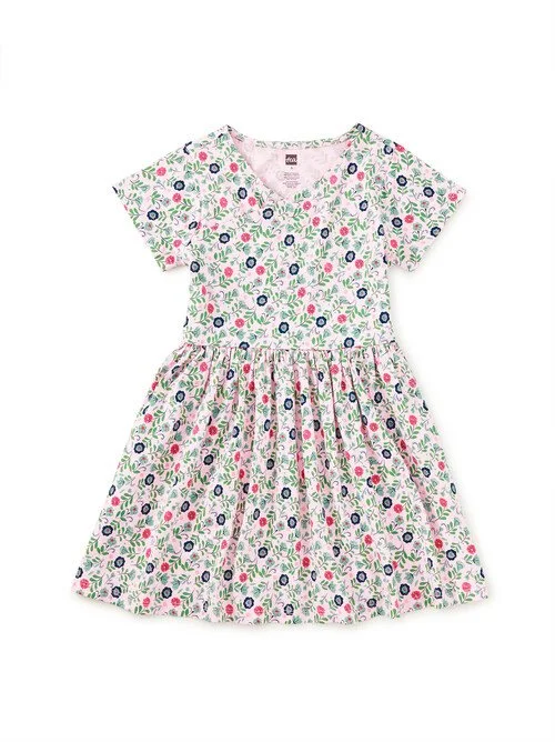 Tea Collection | Azulejos Florales Short Sleeve Wrap Neck Dress