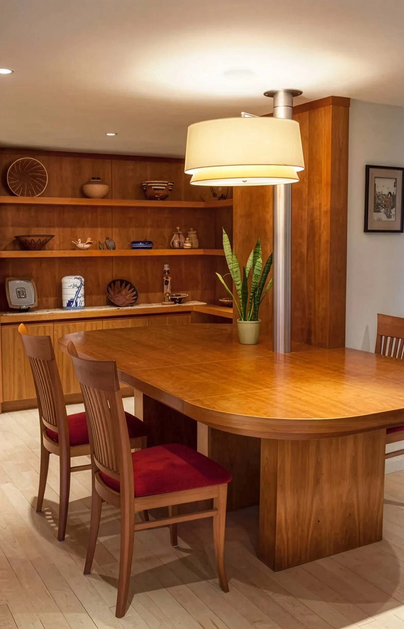 Dining table with shelves behind