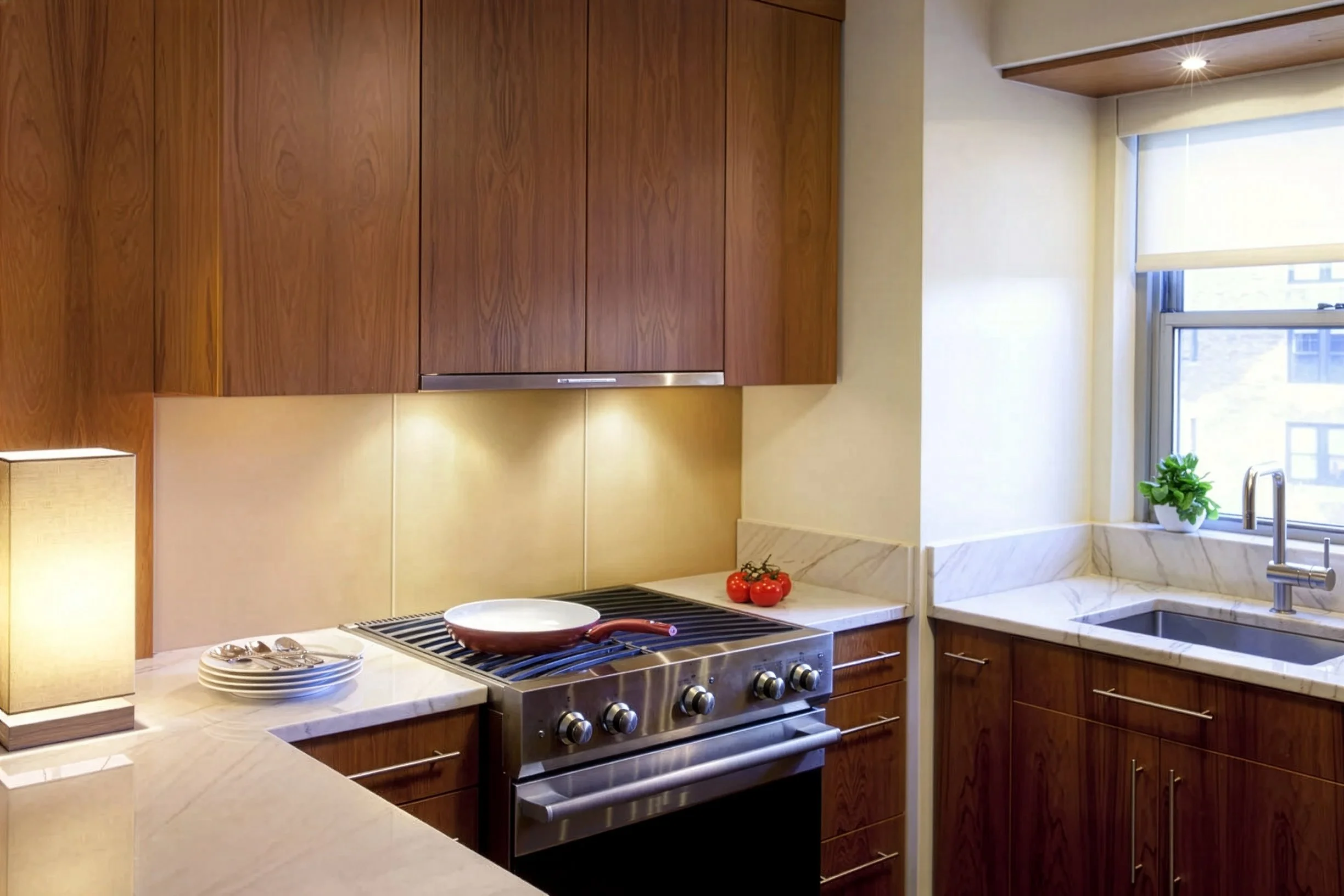 Kitchen with view of stove and sink