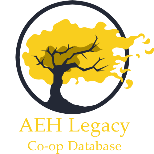 A logo featuring a stylized yellow tree with black branches, surrounded by a black circle. Below the tree, it reads 'AEH Legacy Co-op Database' in yellow text.
