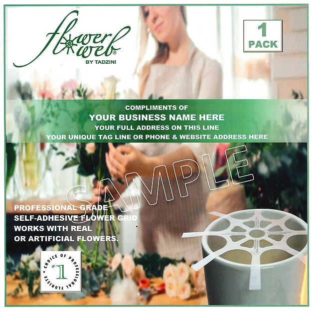 Packaging for flower grid by Tadzini, with a blurry woman in the background arranging flowers, and a floral flower grid in the foreground. Text includes product details and a sample watermark.