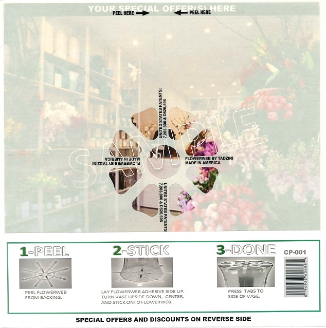 Flower sticker with instructions to peel, stick, and then press onto a vase, shown in a store setting with flowers and shelves in the background.