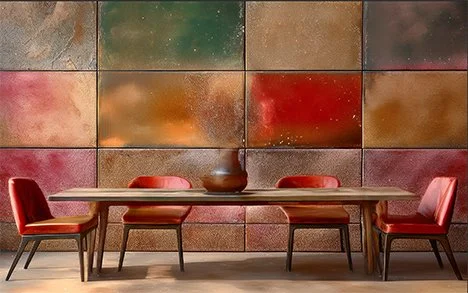 Wood dining table with four red cushioned chairs, a bowl, and a colorful tiled wall in the background.