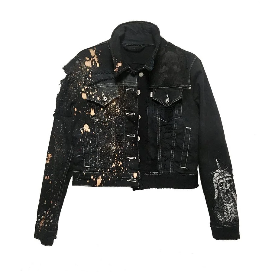 HOT Battle Jacket Black Jean Jacket Patches Black Metal Battle