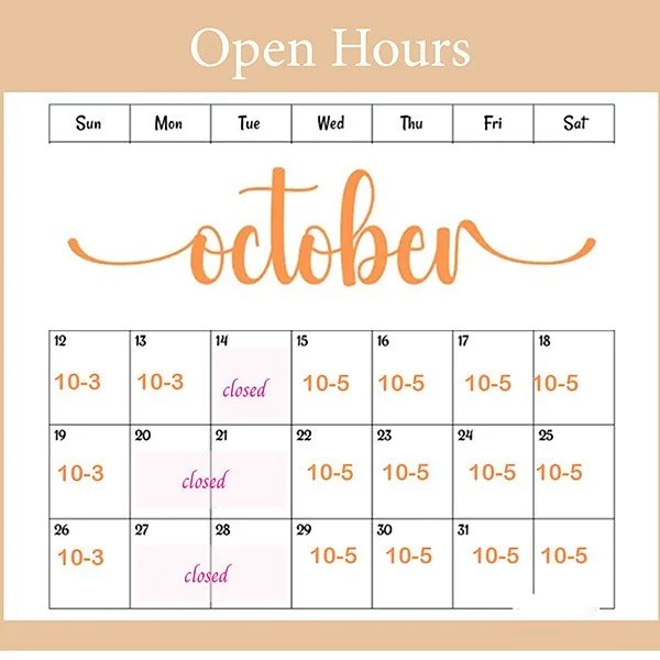 New hours for Fall🍂Our favorite season🧡 open Wed-Sun 🤎taking some time to recharge &amp; prepare for winter🤍 Appointments available☎️