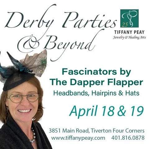 Join us April 18-19 for a celebration of the Fascinator! Meet @thedapperflapper on Saturday! Let her style you with a fun &amp;  fancy headpiece. Handmade and sales tax exempt! See you in @tivertonfourcorners at @tiffanypeayjewelry.