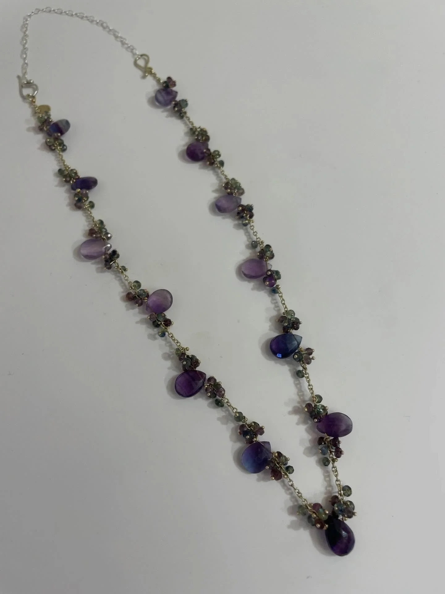 &ldquo;Vintage&rdquo; @tiffanypeayjewelry c.2000
An old necklace can in for revamp. Replaced mother of pearl (some missing/broken) with Flourite. So much better!
