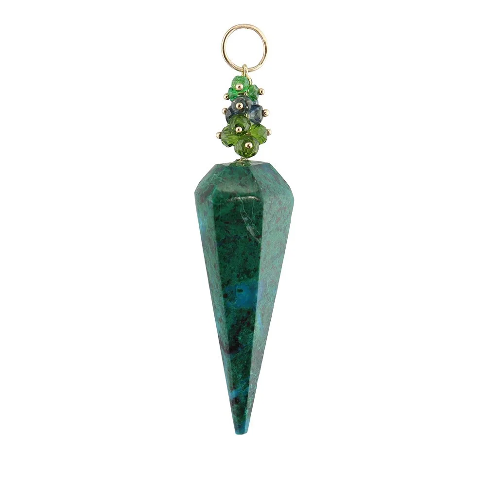 Chrysocolla Pendant with Tourmaline and Sapphire Cluster in 14k Yellow Gold