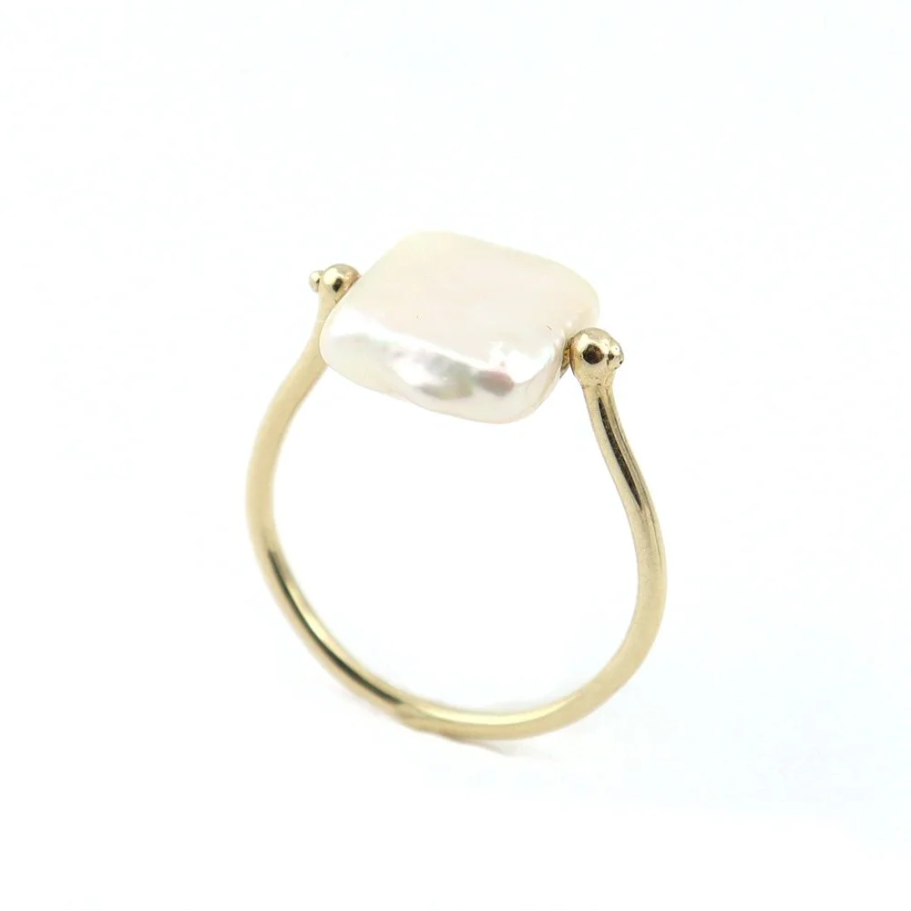 Square Freshwater Pearl Ring in 14k Yellow Gold