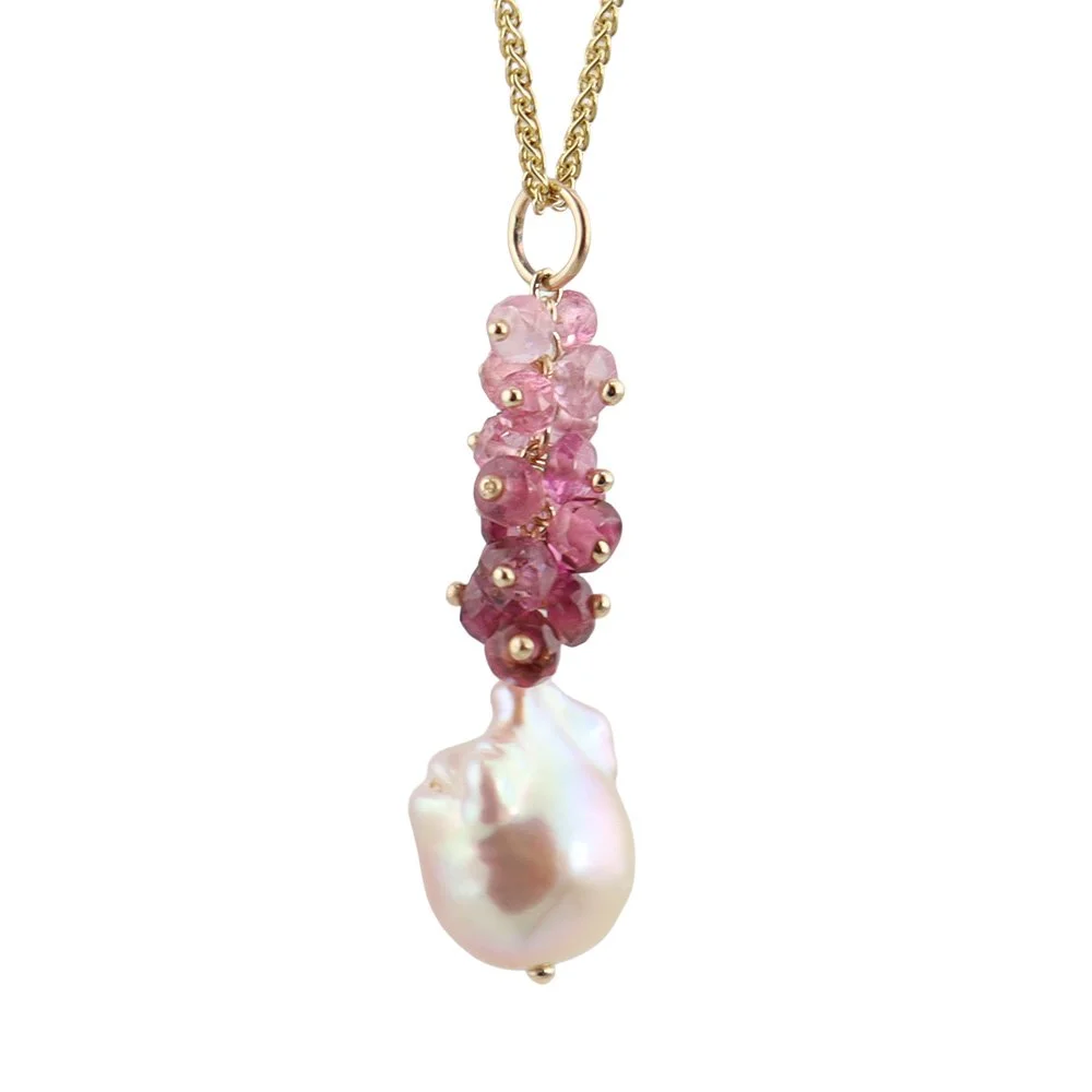 Pink Tourmaline and Baroque Pearl Cluster Pendant