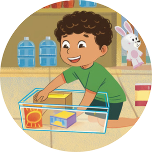 A young boy playing with a small animal in a pet store or classroom, with water bottles and a bunny toy in the background.
