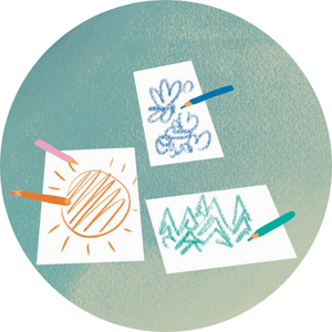 Three drawings on paper with colored pencils around a circular background. One is a sun, one is a butterfly, and one is a mountain landscape.