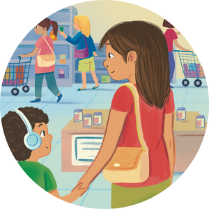 A woman at a grocery store holding the hand of a young boy wearing headphones, with shelves of products and other shoppers in the background.