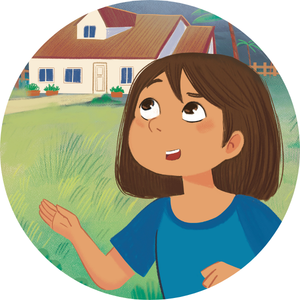 A young girl with brown hair wearing a blue shirt, looking up and gesturing outside in a grassy yard with houses in the background.