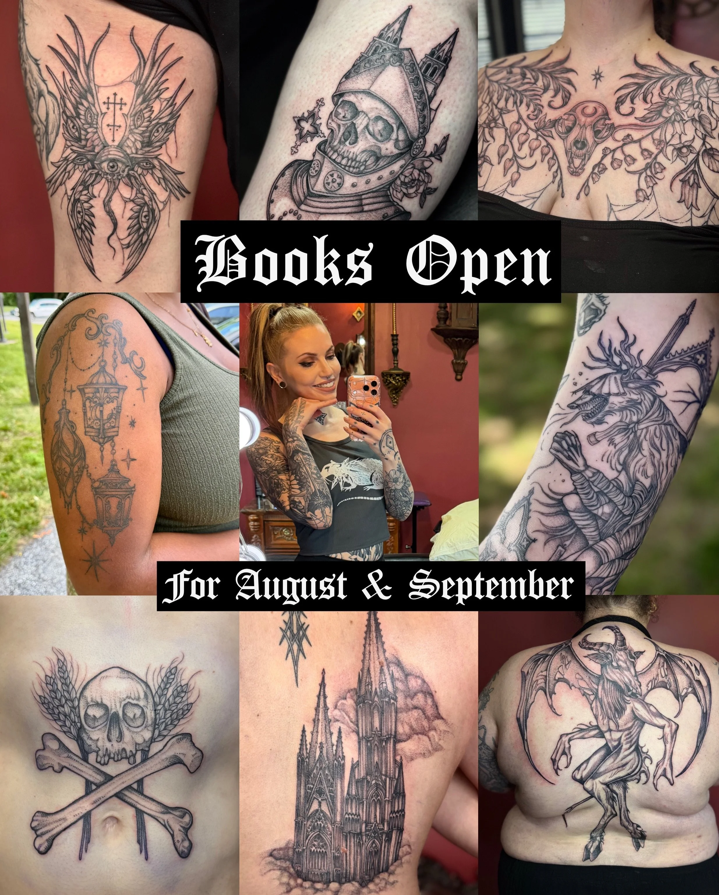 Books will be open from 12pm Wednesday July 1st- 12pm  Wednesday July 8th for August &amp; September appointments! If you are interested in getting tattooed at that time please fill out the form on my website (link in bio)!

I will be doing custom wo
