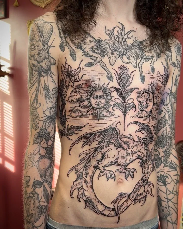 Here is one of my favorite larger scale projects I&rsquo;ve gotten to do recently! This woodcut style piece was based off of my clients idea and was done underneath of a previous healed chest piece (also by me)! We did this all in one session because