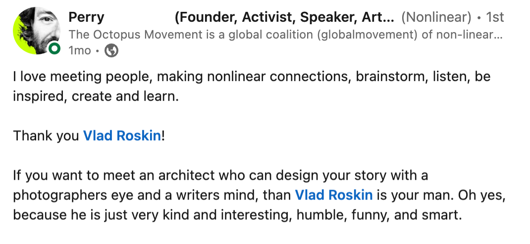 Screenshot of a social media post by Perry expressing admiration for Vlad Roskin, an architect, and thanking him.